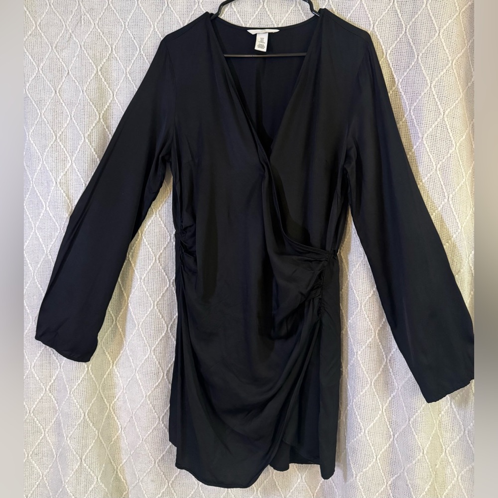 H&M Black Dress – Size M, Ruched Waist, 34” Length